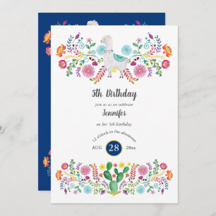 Cheery 5th Birthday Girl FIESTA LLAMA Folk Flowers Invitation