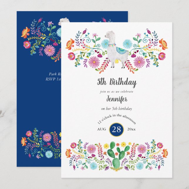 Cheery 5th Birthday Girl FIESTA LLAMA Folk Flowers Invitation (Front/Back)