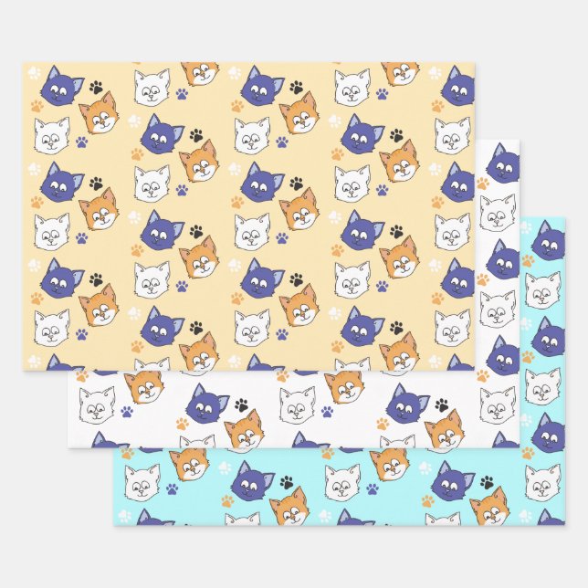 Cheery Colourful Cartoon Cat Wrapping Paper Sheet (Set)