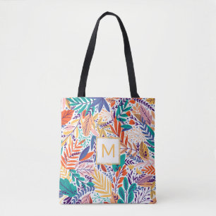 Cheery Colourful Modern Leaves Monogram Tote 🌿✨ Bag