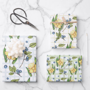 Cheery Daffodil Flower and Blueberries  Wrapping Paper Sheet