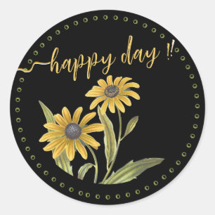 Cheery Happy Day with Yellow Daisies Motivational Classic Round Sticker