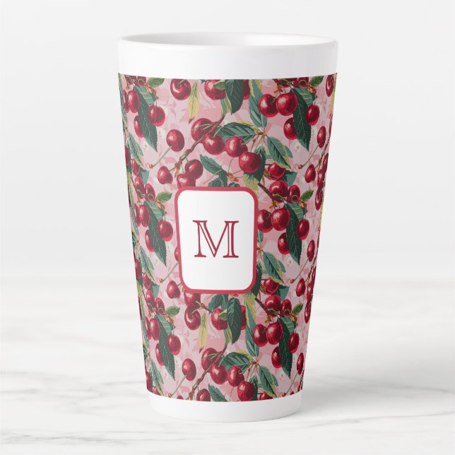Cheery Monogrammed Vintage Pink 'Cherry Pop' Latte Mug (Front)