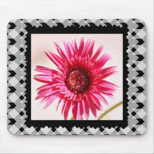 Cheery Pink Gerbera Daisy on Black/White Gingham Mouse Mat