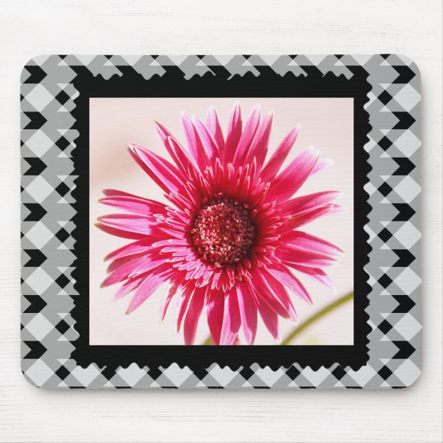 Cheery Pink Gerbera Daisy on Black/White Gingham Mouse Mat (Front)