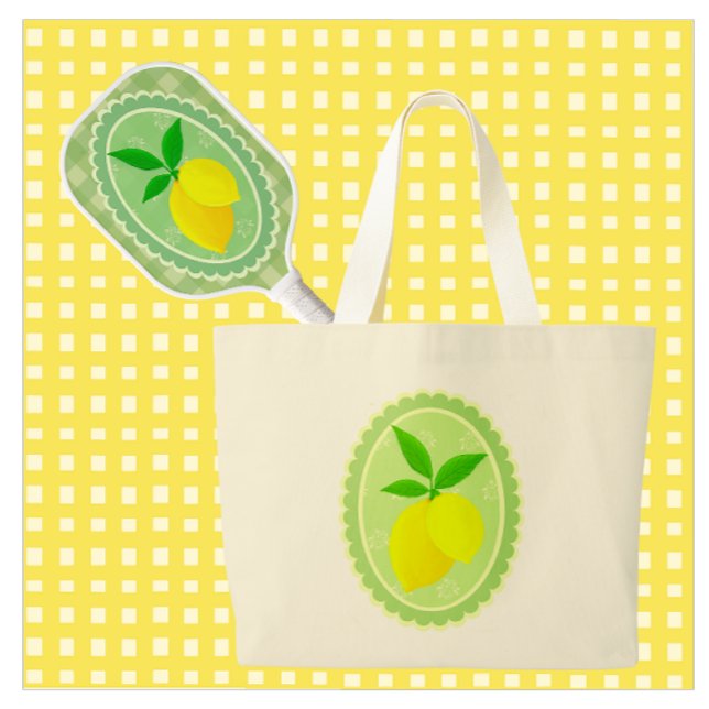 Cheery Retro Sunny Yellow Lemon Large Tote Bag (Tote your pickleball gear in style!)