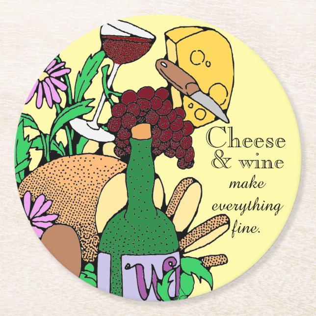 Cheese and Wine Lovers Quote Round Paper Coaster (Front)