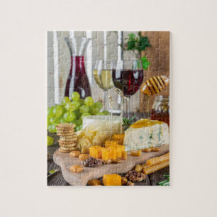 Cheese Wine Honey Walnuts Grapes Crackers Food Jigsaw Puzzle