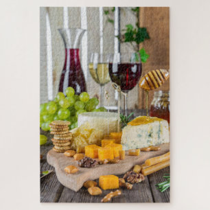Cheese Wine Honey Walnuts Grapes Crackers Food Jigsaw Puzzle