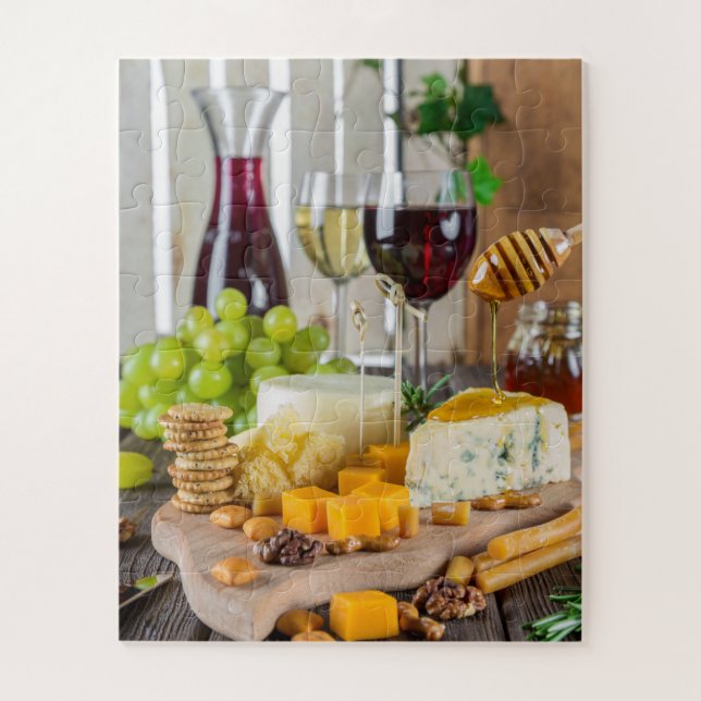 Cheese Wine Honey Walnuts Grapes Crackers Food Jigsaw Puzzle (Vertical)