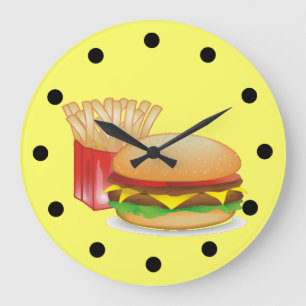 Cheeseburger and Fires Large Clock