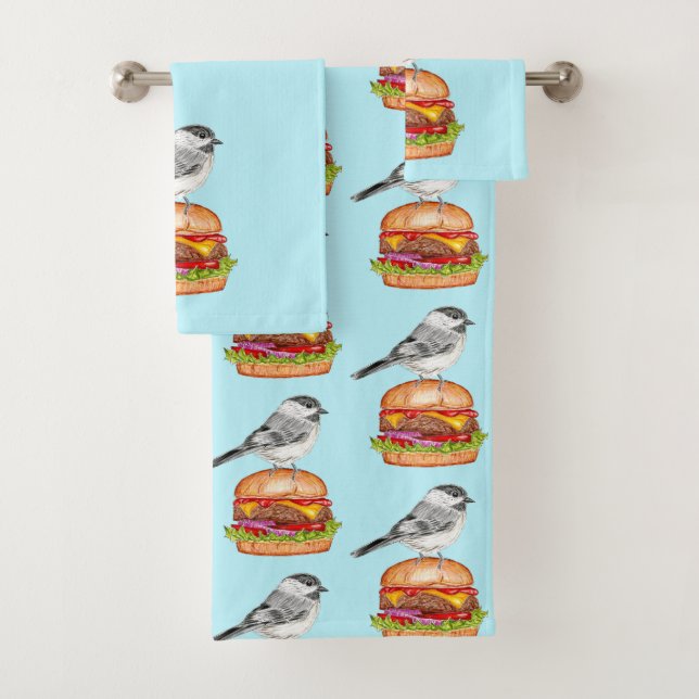 Cheeseburger Bird Black Capped Chickadee Aqua Bath Towel Set (Insitu)