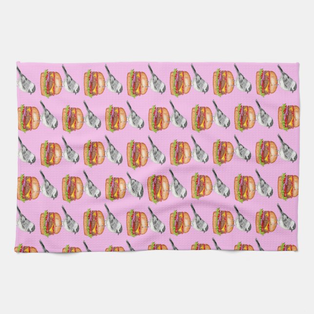 Cheeseburger Bird Black Capped Chickadee Pink Tea Towel (Horizontal)