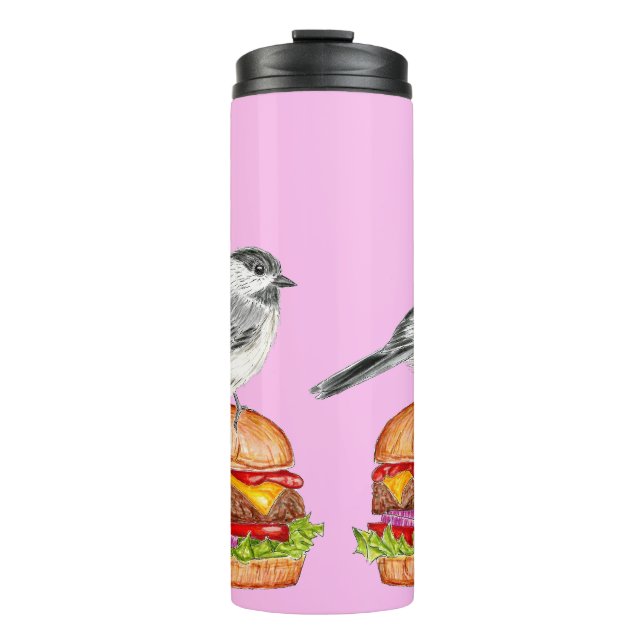 Cheeseburger Bird Black Capped Chickadee Pink Thermal Tumbler (Front)
