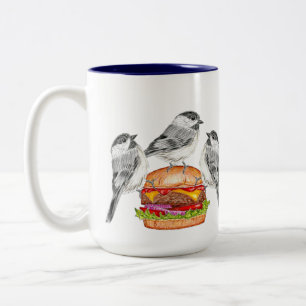 Cheeseburger bird mountain chickadee trio Two-Tone coffee mug