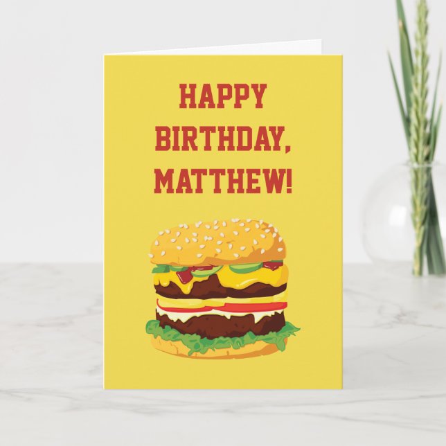 Cheeseburger Personalised Birthday Card in Yellow (Front)
