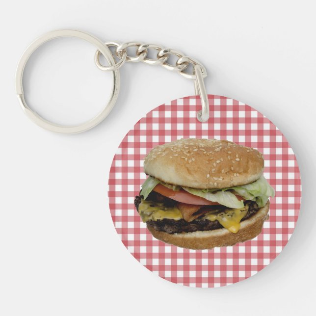 Cheeseburger, Red and White Chequered Background K Key Ring (Front)