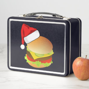 Cheeseburgers Hamburger Santa Hat Matching Xmas Metal Lunch Box