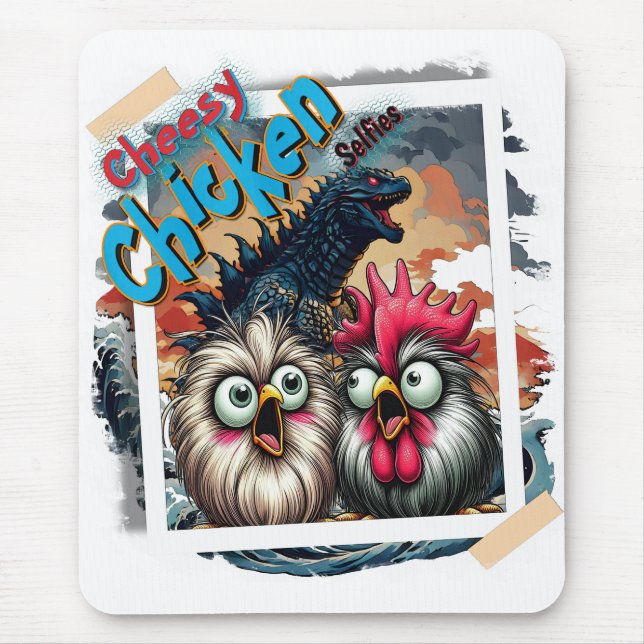"Cheesy Chicken Selfies" Meets T rex Mouse Pad (Front)