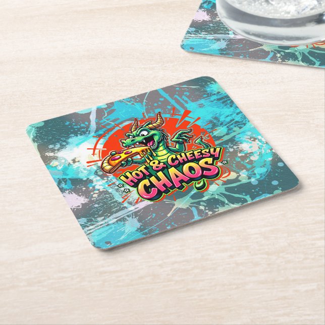 Cheesy Dragon Delight Square Paper Coaster (Angled)