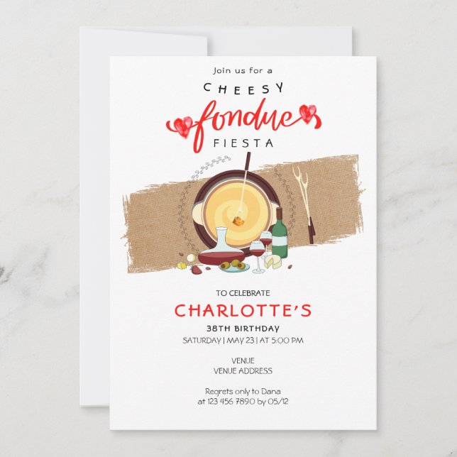 Cheesy Fondue Fiesta Hearts Pot Wine Fondue Party Invitation (Front)