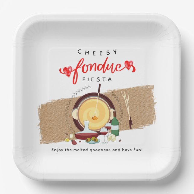Cheesy Fondue Fiesta Hearts Pot Wine Fondue Party Paper Plate (Front)