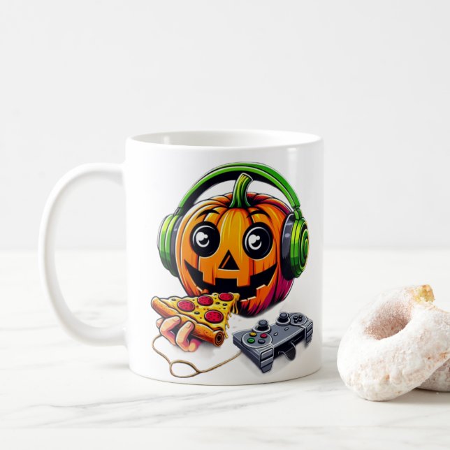 Cheesy Halloween Vibes: Pumpkin Enjoys Pizza Gamin Coffee Mug (With Donut)