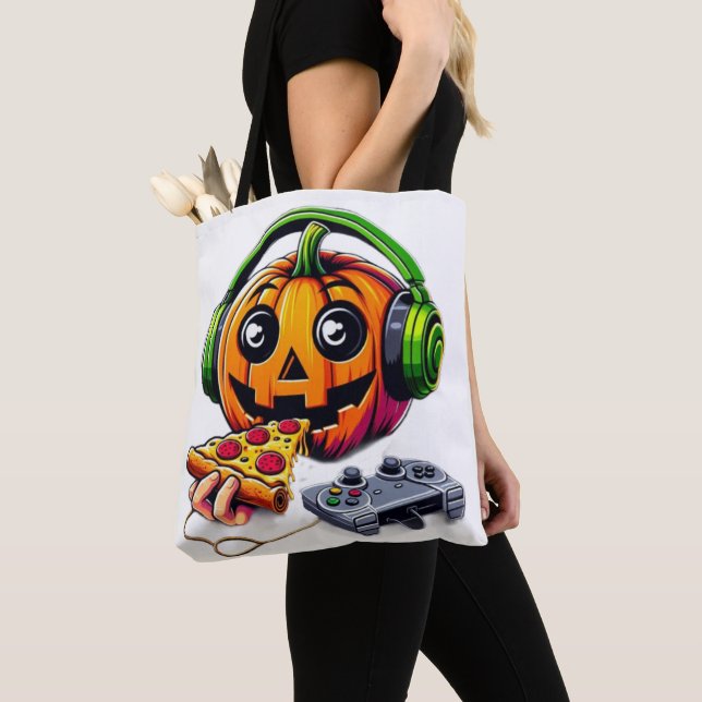 Cheesy Halloween Vibes: Pumpkin Enjoys Pizza Tote Bag (Close Up)