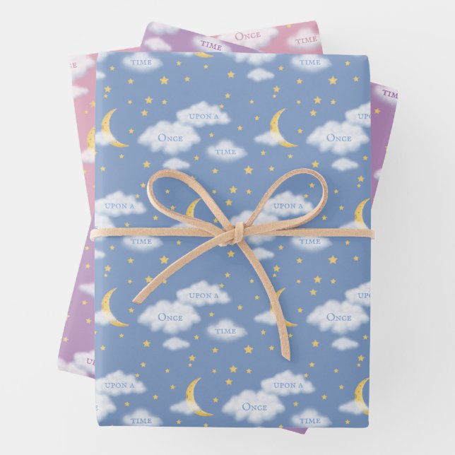 Cheesy Moon & Stars Fluffy Clouds Personalizable Wrapping Paper Sheet (In situ)