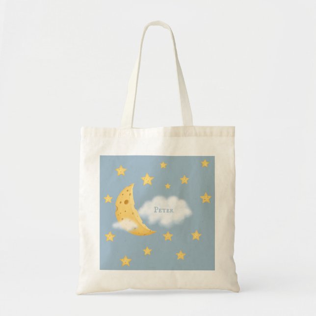 Cheesy Moon & Stars Personalised Fluffy Cloud Blue Tote Bag (Front)