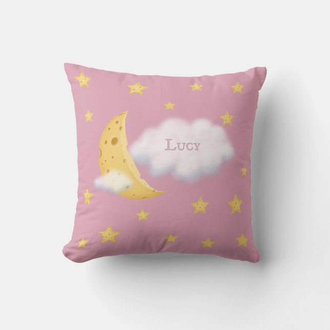 Cheesy Moon & Stars Personalised Fluffy Cloud Pink Cushion (Front)
