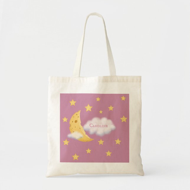 Cheesy Moon & Stars Personalised Fluffy Cloud Rose Tote Bag (Front)