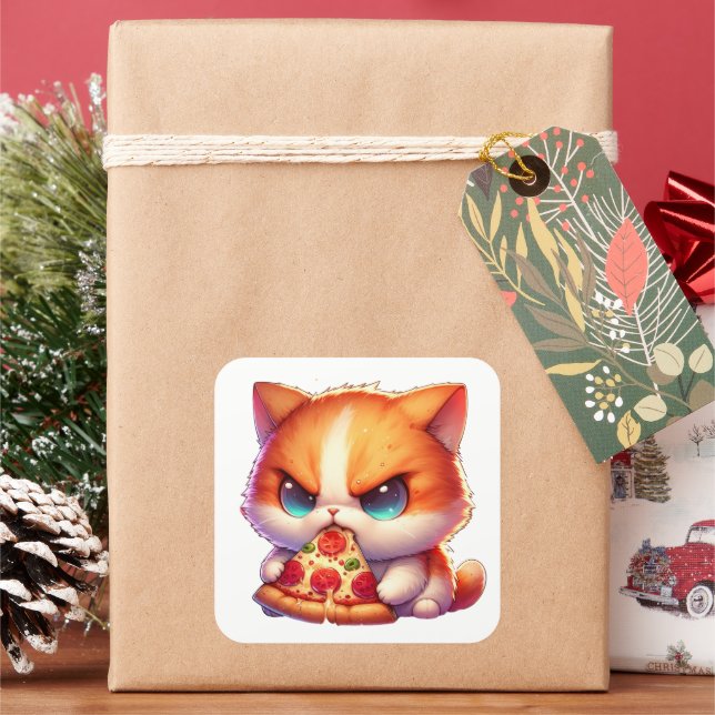 Cheesy Pizza Cat Delight Square Sticker (Holiday)