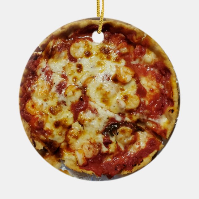 Cheesy Shrimp Deep Dish Pizza Christmas Ceramic Tree Decoration (Front)