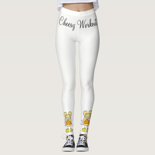 Cheesy Workout Mouse Pizza White Leggings  (Front)