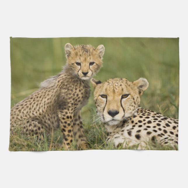 Cheetah, Acinonyx jubatus, with Cub Tea Towel (Horizontal)