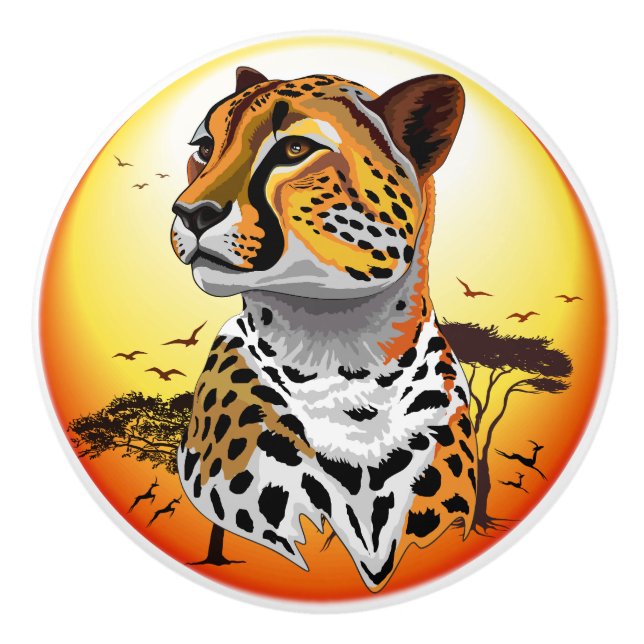 Cheetah African Feline Wild Animal Ceramic Knob (Front)