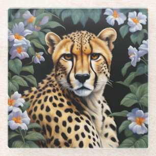 Cheetah and flowers glass coaster