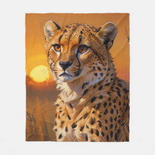 Cheetah and Sunset African Savannah Fleece Blanket