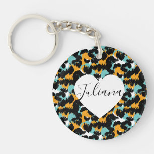 Cheetah Animal Print Teal Orange Heart Key Ring