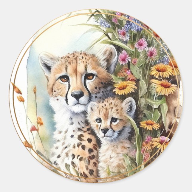 Cheetah Baby and Mum Classic Round Sticker (Front)