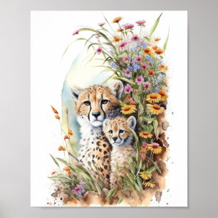 Cheetah Baby and Mum Watercolor Painting  Poster