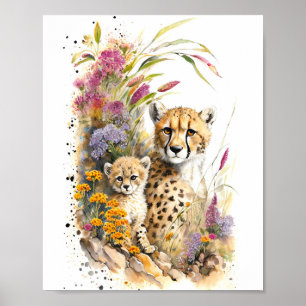 Cheetah Baby and Mum Watercolor Painting  Poster