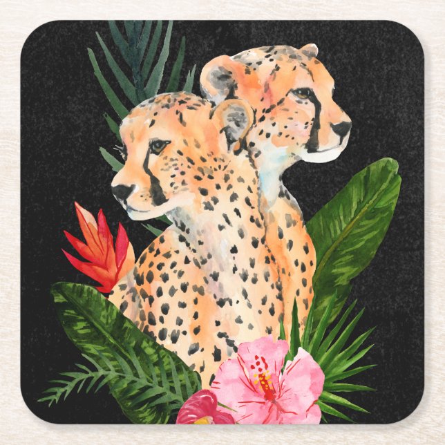 Cheetah Bouquet Square Paper Coaster (Front)