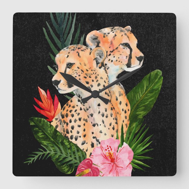 Cheetah Bouquet Square Wall Clock (Front)