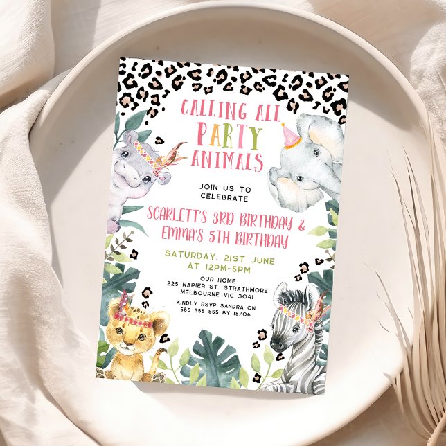 Cheetah Calling All Party Animals Joint Birthday Invitation (Joint Safari Birthday Invitation Girls, Calling All Party Animals Safari Invite, Tribal Headpiece)
