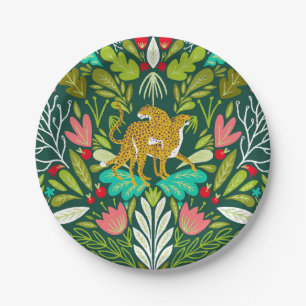 "Cheetah Couple Illustration, Wild Cat Jungle Paper Plate