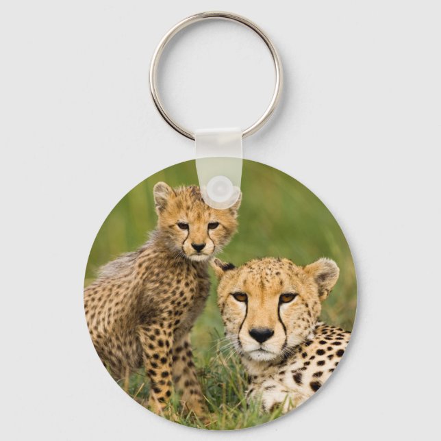 Cheetah Cub and Parent in Grass Key Ring (Front)