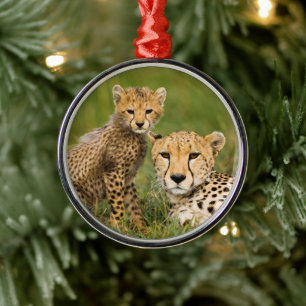 Cheetah Cub and Parent in Grass Metal Tree Decoration