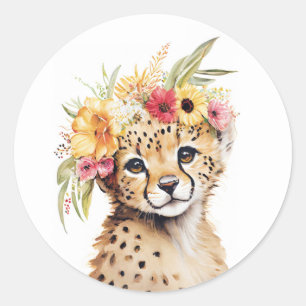 Cheetah Flower Crown Art Print Watercolor Nursery Classic Round Sticker
